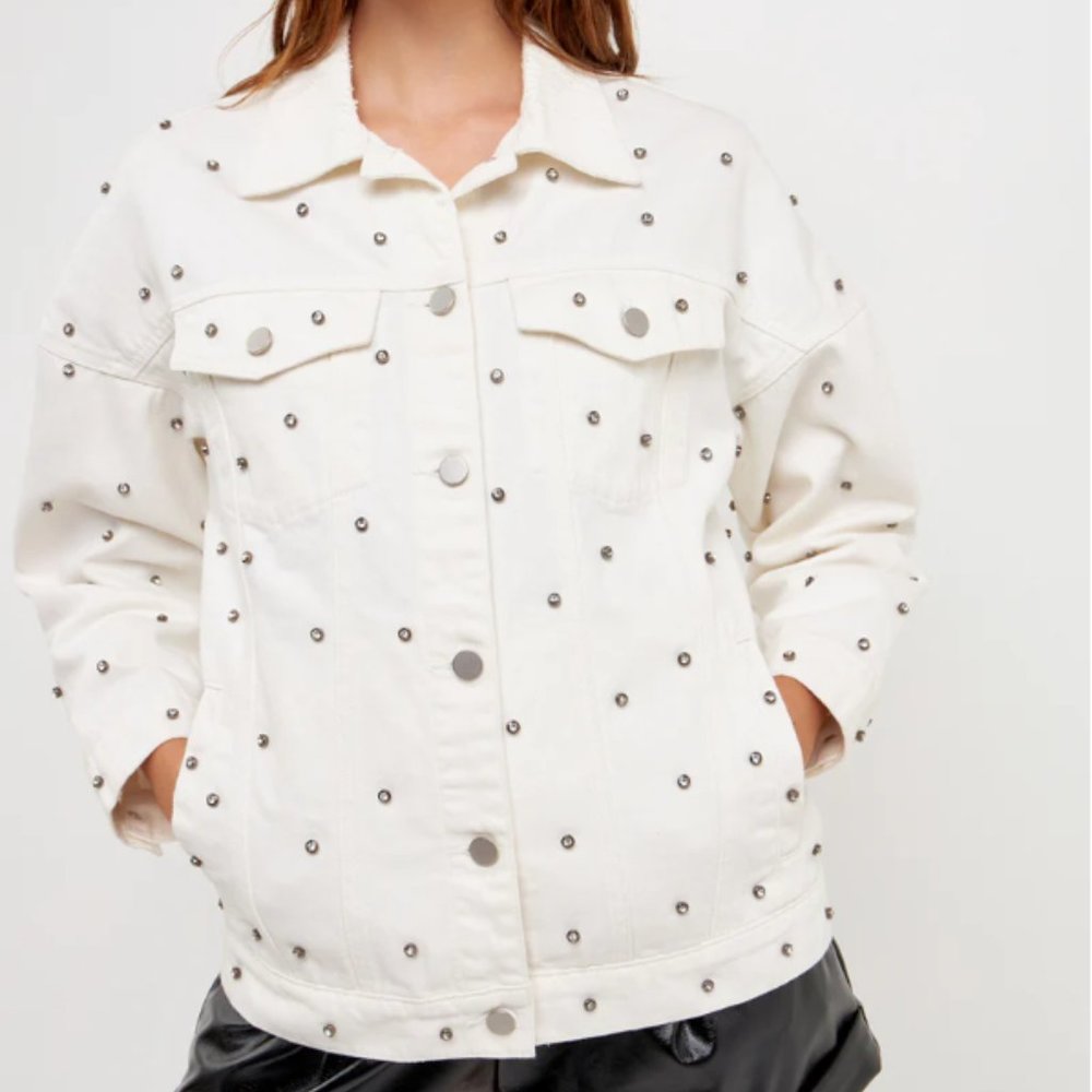 GREY LAB LOS ANGELES RHINESTONES STUDDED DISTRESSED WHITE DENIM JEAN JACKET
